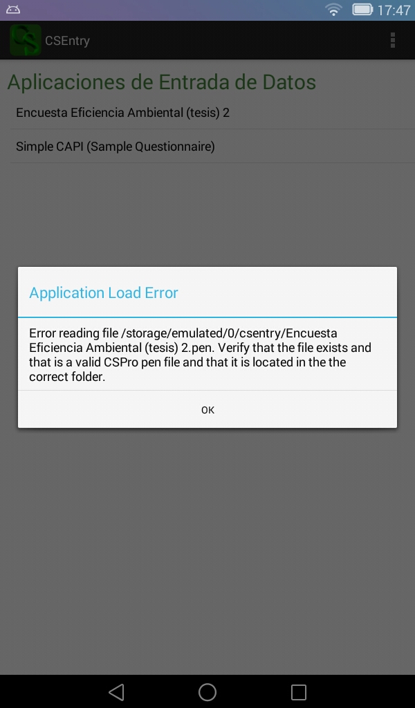 error message in tablet